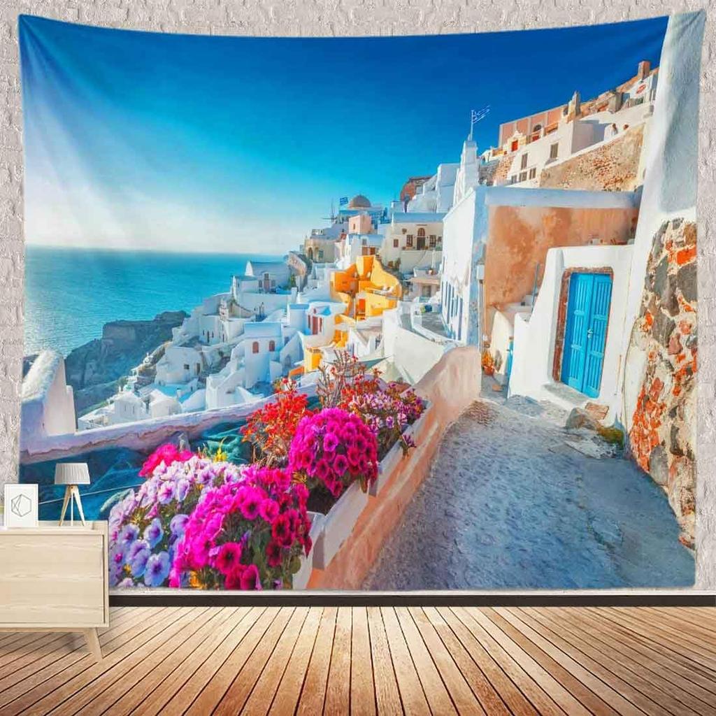 Santorini Greece Tapestry Wall HangingsAegean Seascape Tapestry White Architecture Flower Mediterranean Kids Student Bedroom