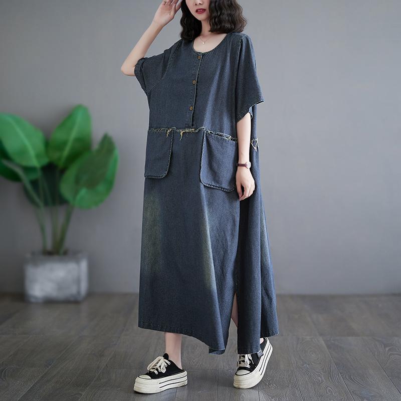 Dimanaf Plus Size 2024 Spring Women Denim Dress Cotton Casual Vintage Long Sleeve Loose Oversized Dress Pockets