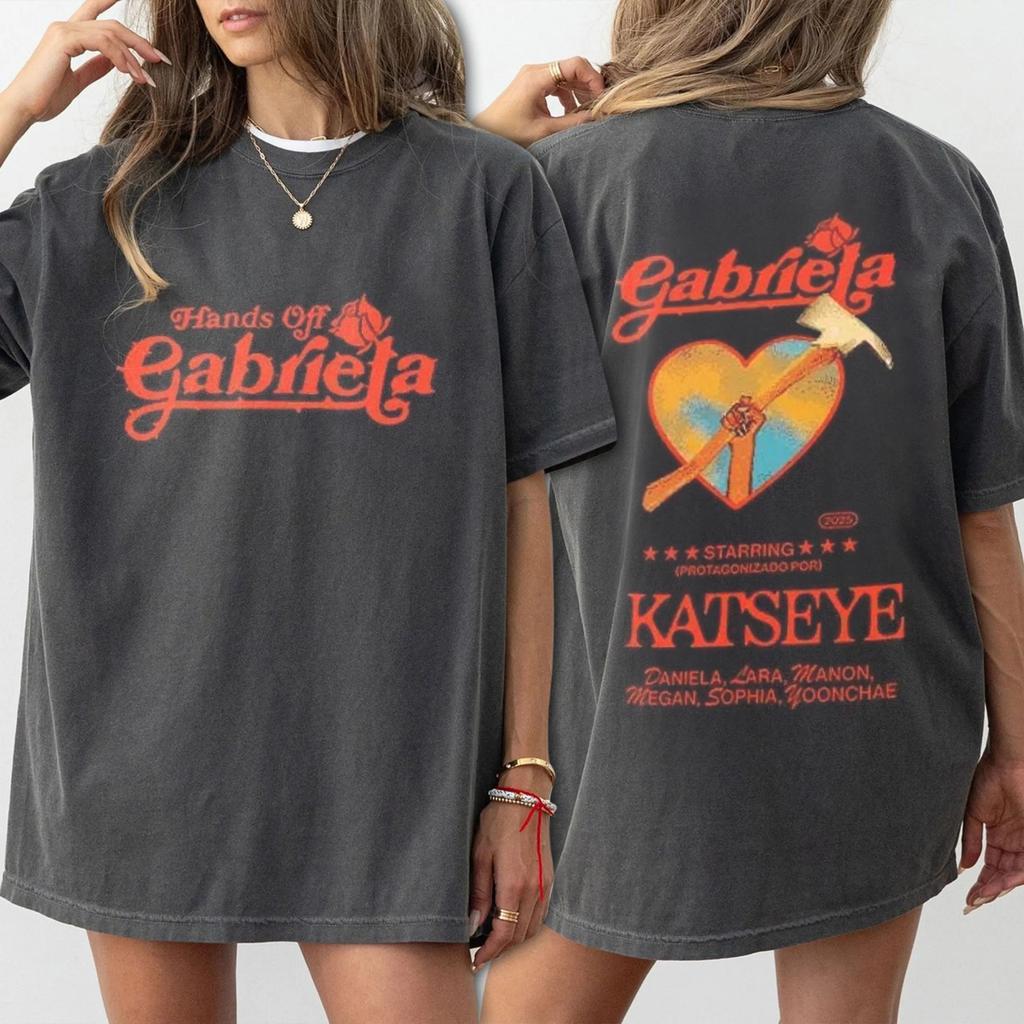 Vintage Katseye Gabriela Shirt Kpop Girl Group Double Sided Tee Summer Unisexs and Womens Loose and Breathable Tshirt Top