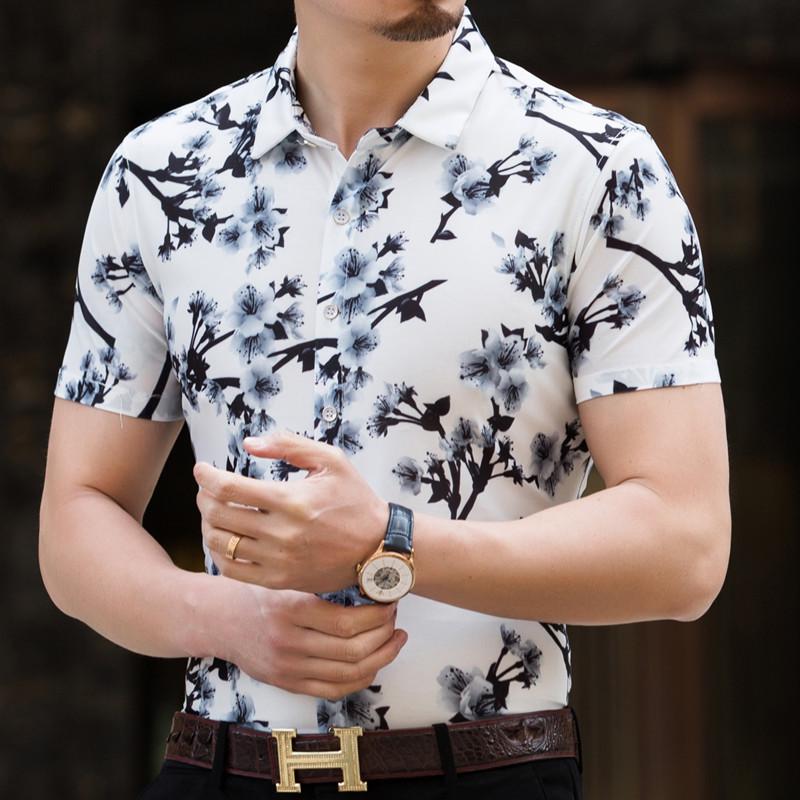 Мужская летняя рубашка с коротким рукавом в стиле ретро с золотым тиснением