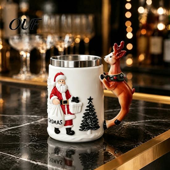 Festive Hot Cocoa Mug Christmas Santa Claus Coffee with Reindeer Handle, 300ml 3D Unique Holiday Table Ornament Embossed Resin Cup for Cocoa,