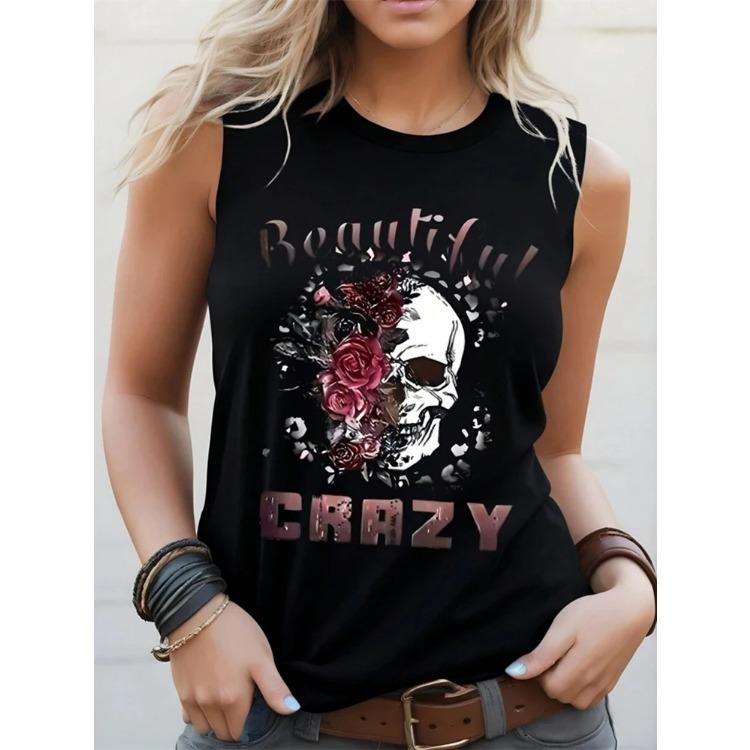 Flower Pattern 3D Print Women's Tank Tops Summer O-Neck Casual Vest Off Shoulder Sleeveless Top