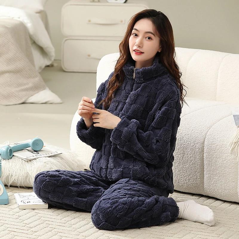 Winter Thick Flannel Pajamas for Women Woman Solid Soft Sleepwear Warm Velvet Cardigan Homewear Girl Nightwear