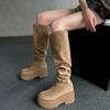 Women Stretch Knee High Boots Fashion Slip On Shoes Autumn Winter Platfrom Flats Ladies Knight Long Booties D512