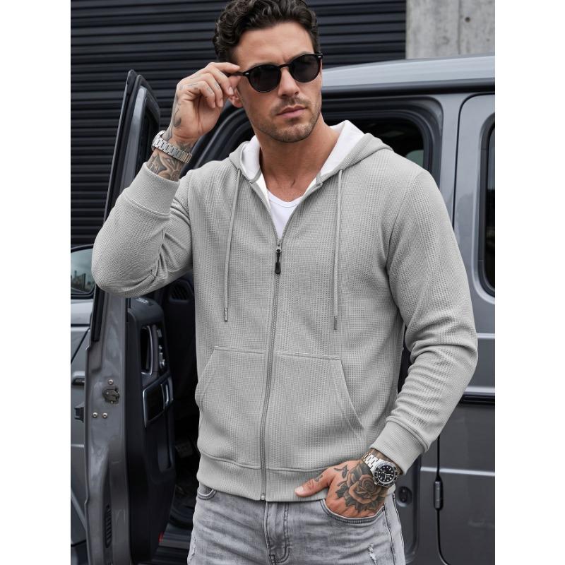 Men S Casual Waffle Texture Jacquard Hooded Zip Up Sweatshirt With Pockets