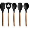 Non-Stick Silicone Cooking Utensils Set, 5 Pcs With Wooden Handle, Heat Resistant Silicone Kitchen Gadgets (Black, 5)