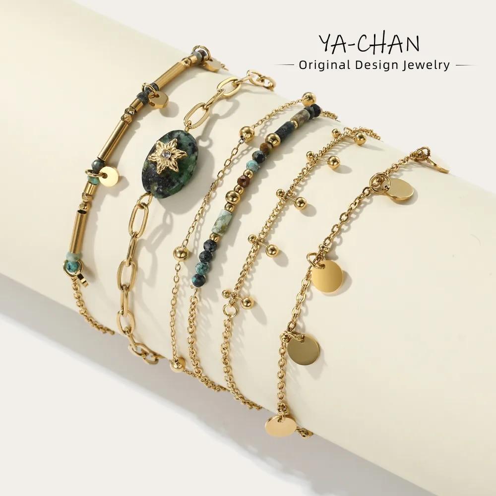 YACHAN 18K Gold PVD Plated Stainless Steel Chain Bracelets for Women Charm African Turquoise Natural Stone Trendy Jewelry Gift