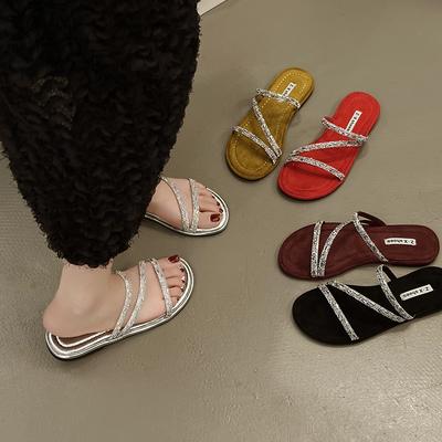 Летние хрустальные сандалии-гладиаторы на узких ремешках, женские сандалии на низком каблуке Mujer35-40 с блестками и стразами, летняя обувь для женщин