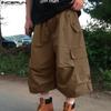 Men Drawstring Elastic Waist Ruffled Casual Vintage Cargo Capri Pants with Pockets