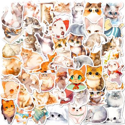 50 акварельных наклеек с котами, мультяшные милые коты, акварельные наклейки, декоративные наклейки для чемодана, гитариста, блокнота