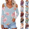 Women's Fashion Floral Print V Neck Long Sleeve Buttoned Off Shoulder Casual T Shirt Top