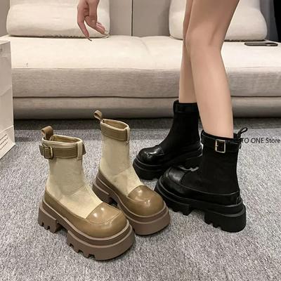 Женские ботильоны на толстой платформе и среднем каблуке, модная кожаная обувь для женщин, зима 2025, тренд, повседневная, готическая, челси, Botas Mujer