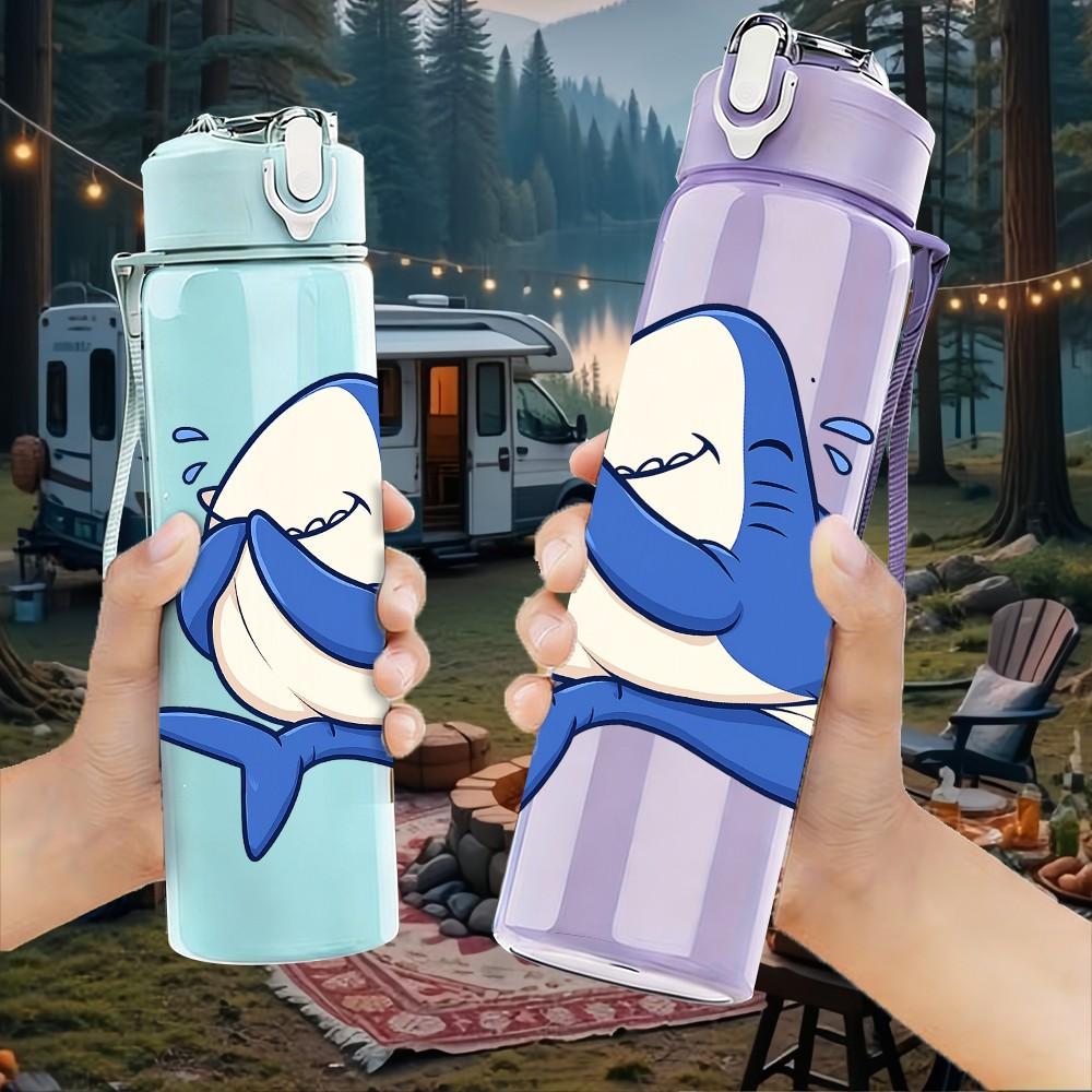 1PC Smiling Blue Dolphin Cartoon 750ml Color Plastic Sports Water Bottle Leakproof Flip Straw Lid Suitable for Sports Office Home Use