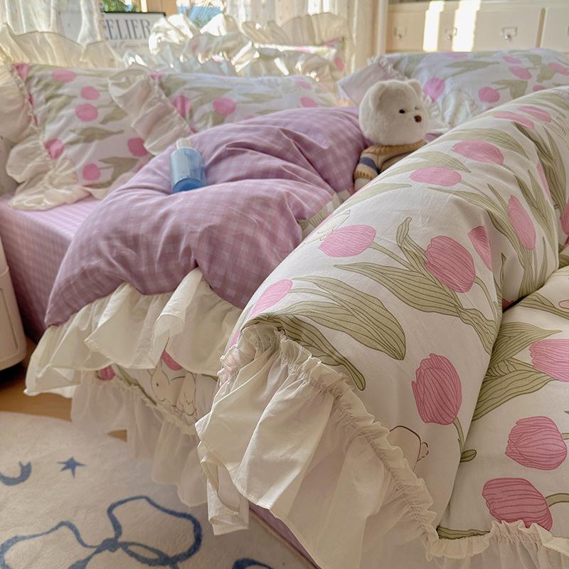 Французское кружево Комплект из четырех предметов для кровати Чистый хлопок Гипоаллергенный Комфортный Дышащий Стиранная простыня Пододеяльник Наволочка