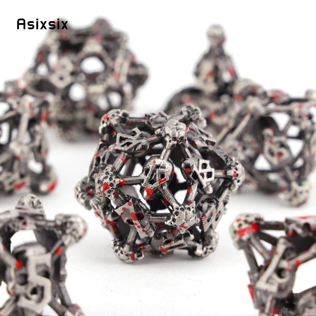 7 Pcs Silver Red Skull Head Metal Dice Hollow Metal Polyhedral Dice Set Suitable for Role-Playing RPG Board Game Card Game