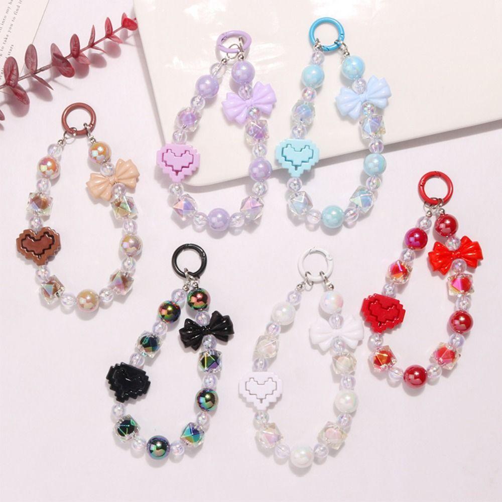 Acrylic Beaded Wrist Strap Lanyard Bowknot Phone Pendant Sweet Keychain Bag Chain  Women