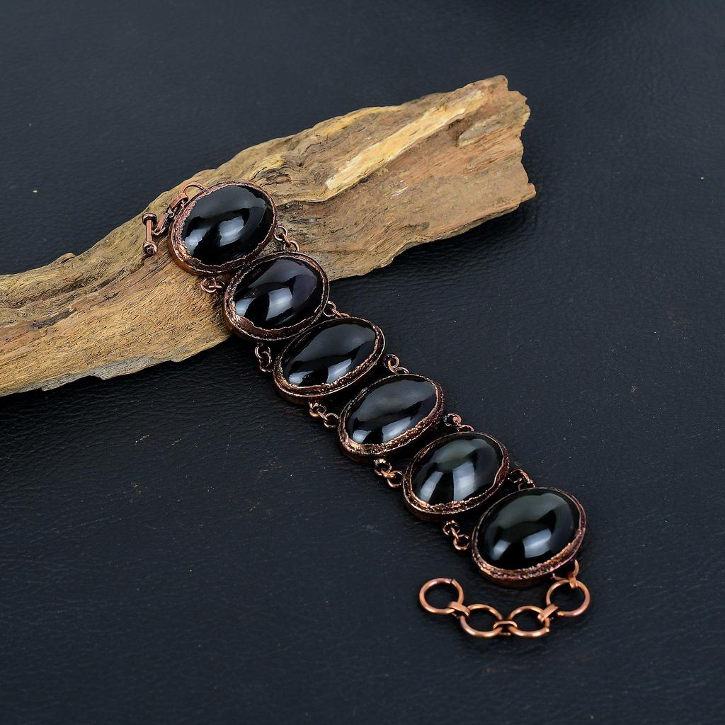 Black Obsidian Eye Gemstone Bracelet, Copper Electroformed Handmade Designer Bracelet Jewelry, Adjustable Chain Bracelet Gift For Women
