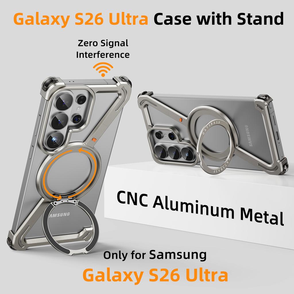 Oatsbasf для Samsung Galaxy S26 Ultra Безрамочный Металлический Бампер Z Чехол для Телефона с 360° Вращающейся Подставкой Магнитная Ударопрочная Крышка