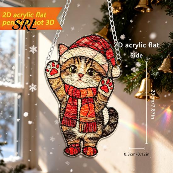 Wall Hanging Festive Art Colorful Acrylic Suncatcher, Stained Glass Style Christmas Ornaments, Santa Claus Cute Cat Ornaments Snowman Pattern