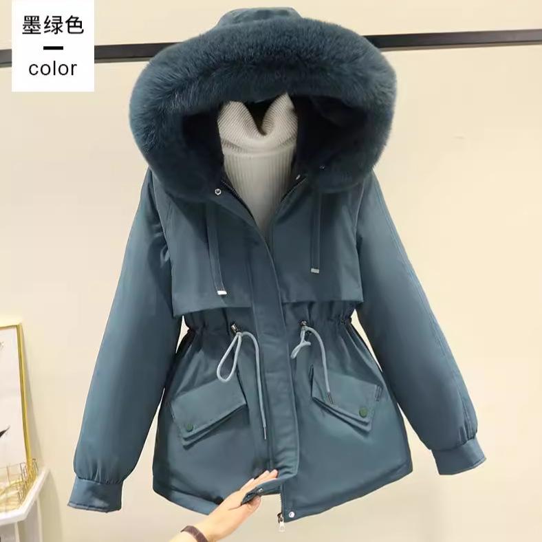 Women Short Medium Length Down Jacket Winter Warm Stand Collar Solid Color Casual Outerwear Coat