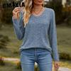 Autumn Women's V-neck Wool Pit Strip Solid Color Top Long Sleeve T-shirt