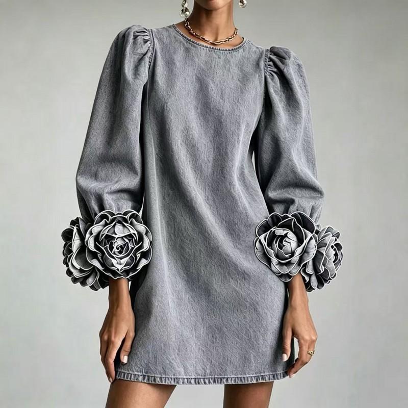 2026 Elegant Denim-Like Floral Long Sleeve A-Line Mini Dress Women