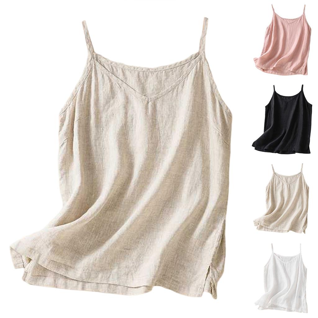 Женский топ-майка с V-образным вырезом и безрукавкой из хлопка и льна