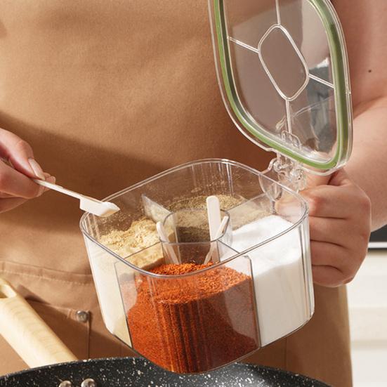 Kitchen Seasoning Jar with Spoon Slot Multi-Compartment Salt Pepper Organizer Transparent Seasoning Box
