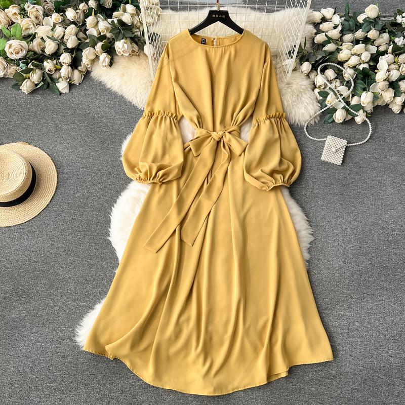 Женские винтажные милые платья средней длины с высокой талией А-силуэта с круглым вырезом и рукавами-фонариками на шнуровке Vestidos весна-лето Женское платье