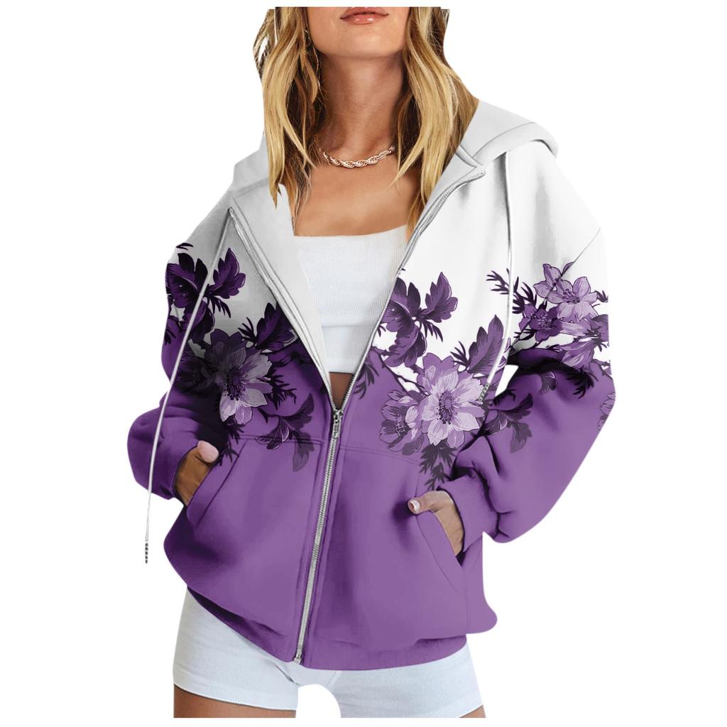 Women's Long Sleeve Floral Print Sweatshirt Long Sleeve Pocket Jacket Zipper Hoodie Coat