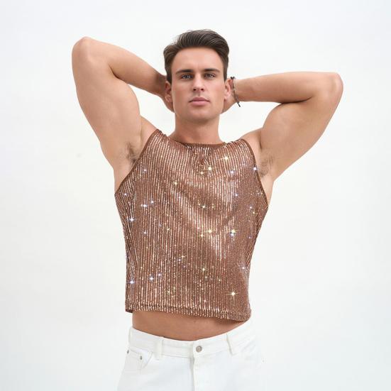 Мужской блестящий жилет со стразами, прозрачная сексуальная майка с круглым вырезом без рукавов для музыкального фестиваля, рейва, ночного клуба, бара, вечеринки