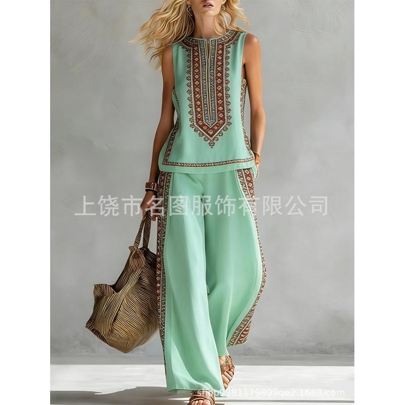 European, American Bohemian fashion contrasting colors 1D digital printing printing retro casual top set