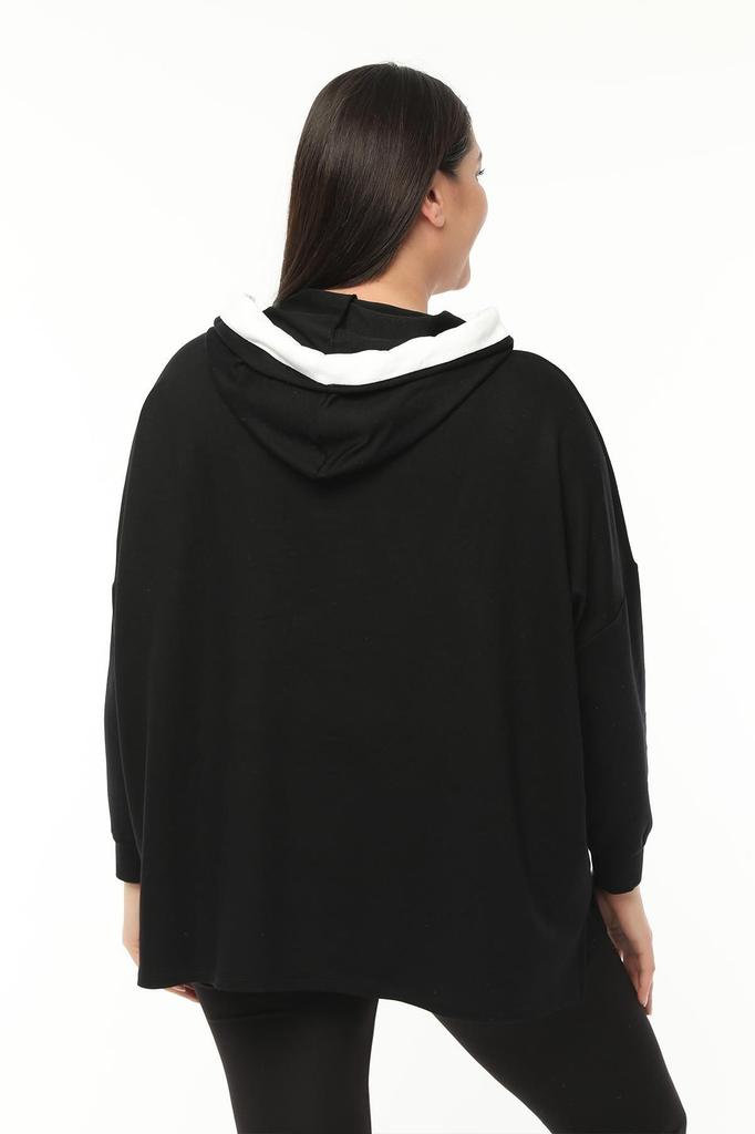 Women's Style Big Size Sweatshirt Large Size Extra Comfortable Colored Kangaroo Pocket Black Sweatshirt