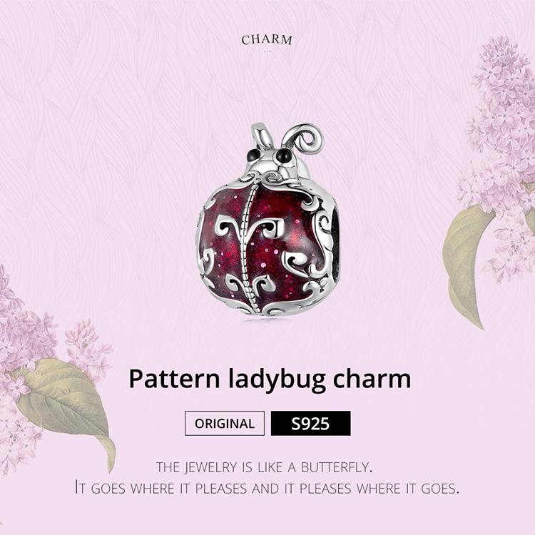 WOSTU Стерлингового серебра 925 пробы, изысканный темно-красный узор, божья коровка, насекомое, подвеска из бисера для оригинального браслета «сделай сам», ювелирное изделие, подарок для девочки