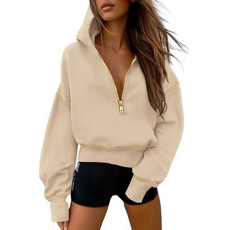 Womens Hooded Sweatshirt With Half Zipper Long Sleeve Loose Fit Cotton Blend Casual Streetwear Daily Wear