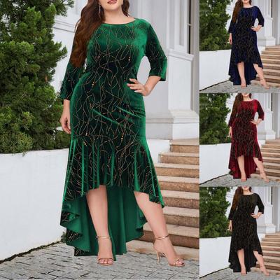 Женская мода сплошной цвет круглый вырез плюс размер рукав 3/4 макси длинное бархатное платье