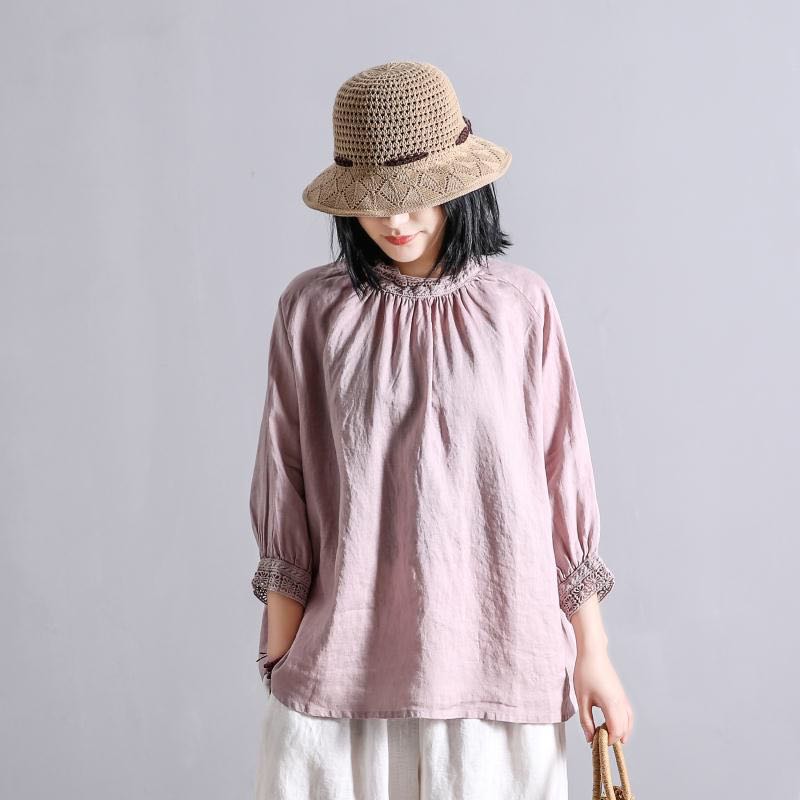 Johnature Летние винтажные льняные лоскутные кружевные свободные однотонные женские рубашки, простые топы с рукавами три четверти