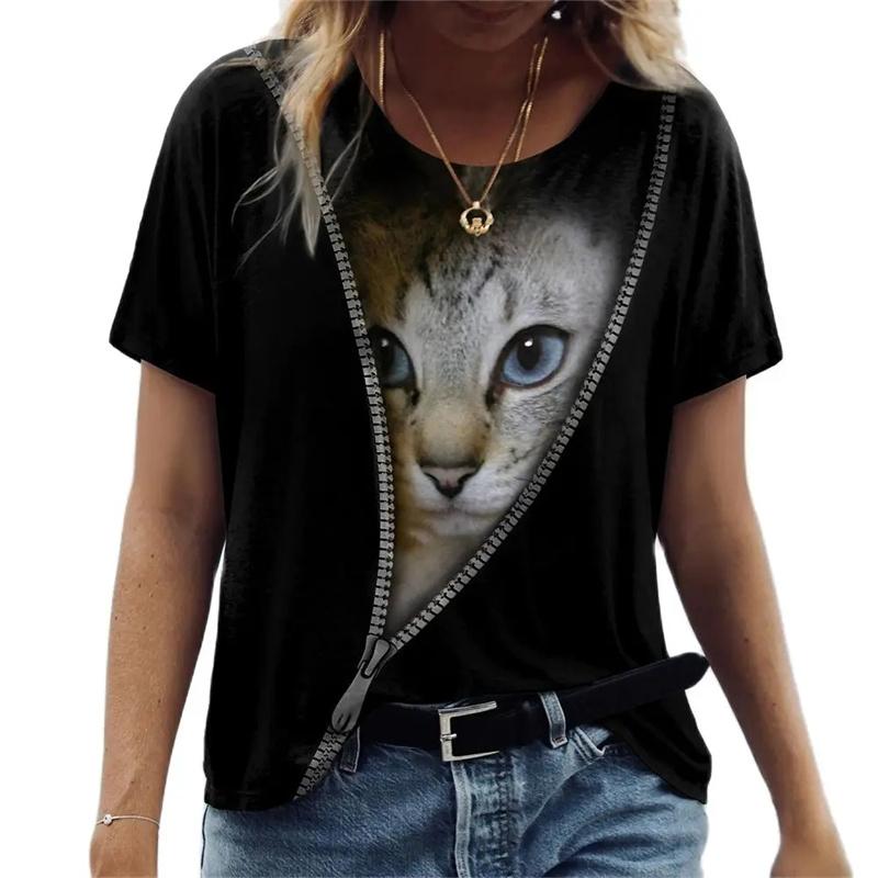 Футболки с принтом 3D Cool Cats для женщин, летняя мода, уличный стиль, круглый вырез, короткий рукав, для девочек, красивая милая футболка, женская одежда