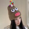Women Knitted Hat Sausage Mouth Design Ear Protection Warm Hat 3D Big Eyes Versatile Hat Winter Accessory