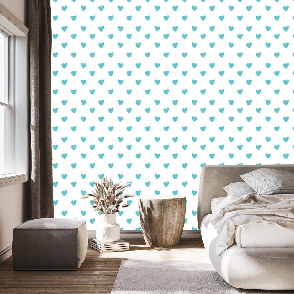 Hearts Wallpaper White, Celadon and Turquoise 50x1000