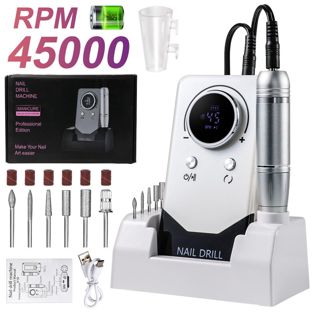 Rechargeable Nail Drill Machine 45000 RPM Professional Nail File Tool Portable with Base Electric Nail Drill