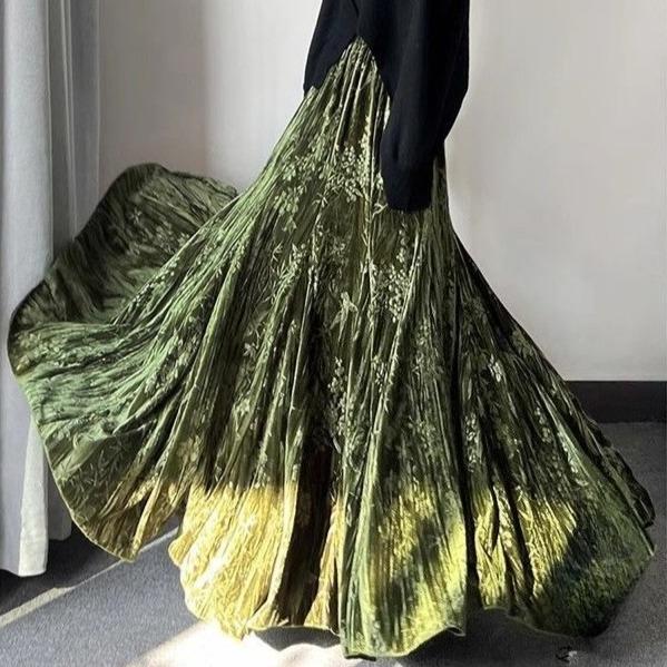 Ретро женская бархатная длинная юбка с принтом, осенне-зимняя теплая расклешенная А-силуэта