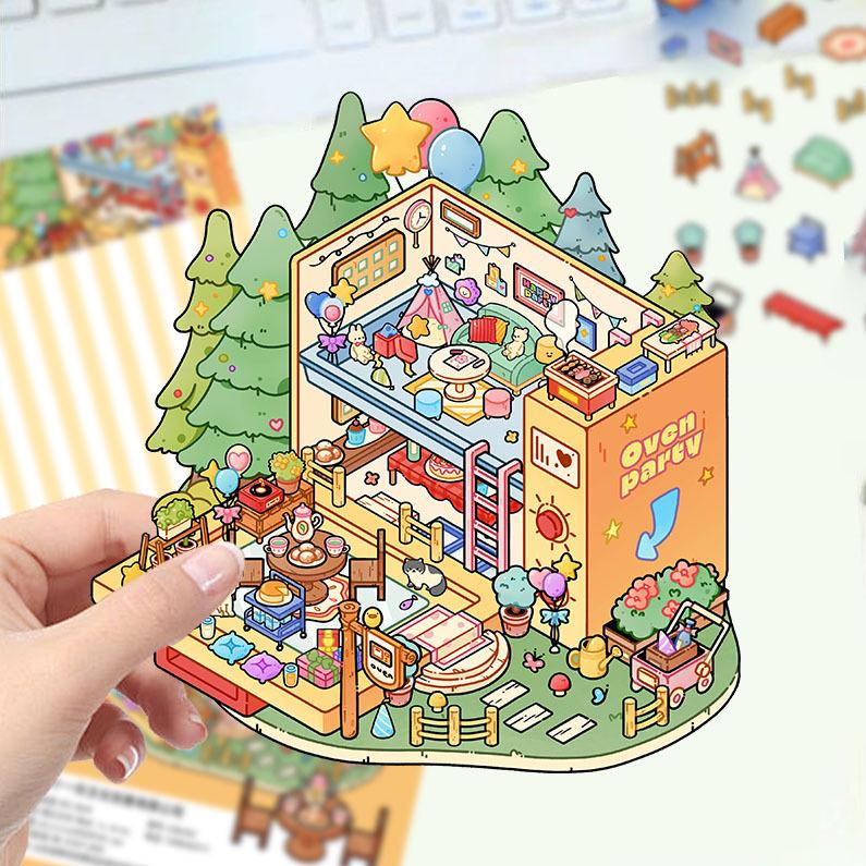 Cartoon Landscape Stickers Multiple Miniature World 3D Hut Unzip DIY Scene Manual Post
