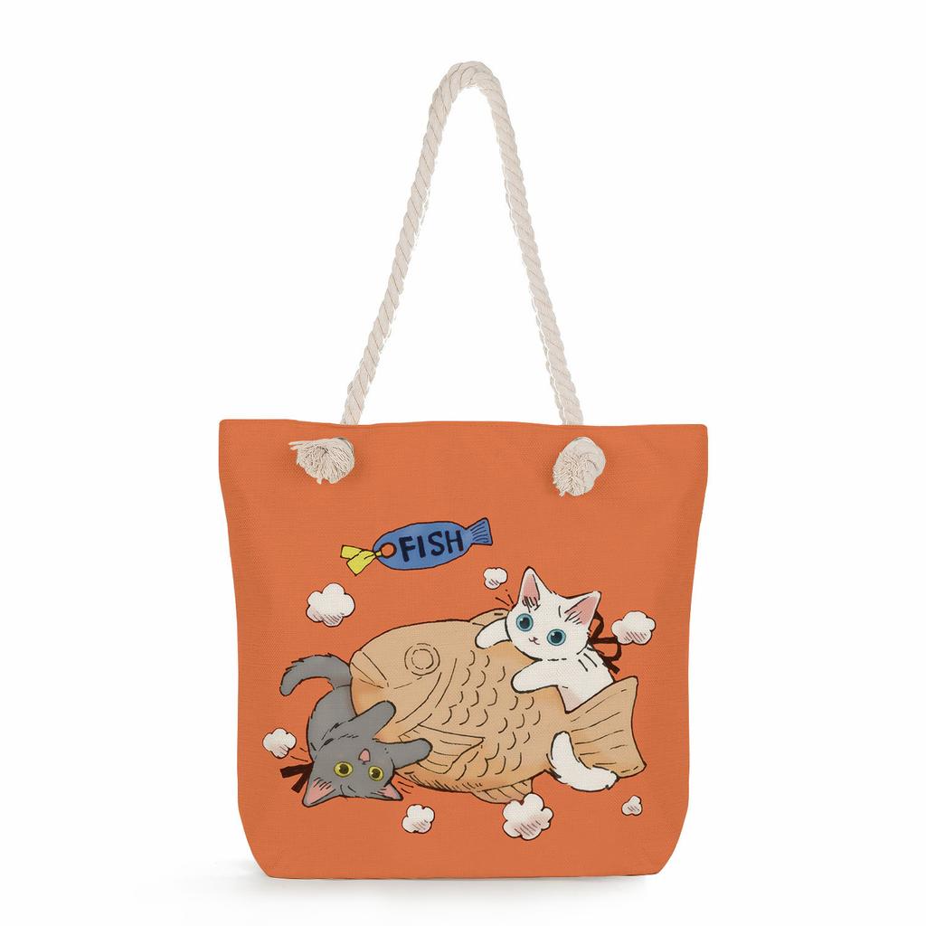 Cat print thick rope single-shoulder beach bag 7215 KTB