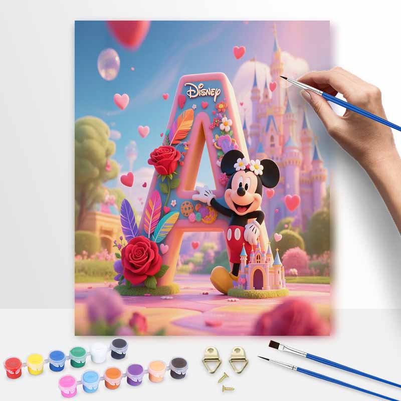 Disney oil painting art painting kit, Mickey Letter A DIY handmade painting, romantic flowers home wall decoration for living room decor