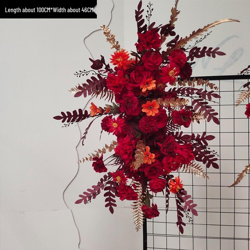 Red Floral Wedding Stage Backdrop with Artificial Flower Rows