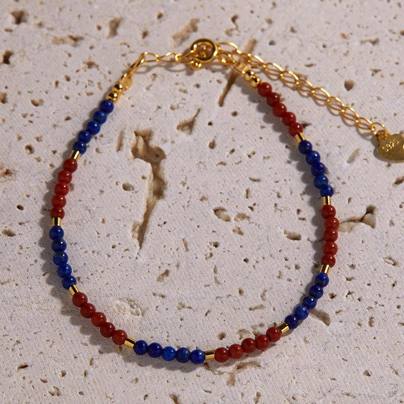 Fashion Color Handmade String S925 Sterling Silver Natural Blue Gold Malachite Nanhong Agate Color Treasure Bracelet Women