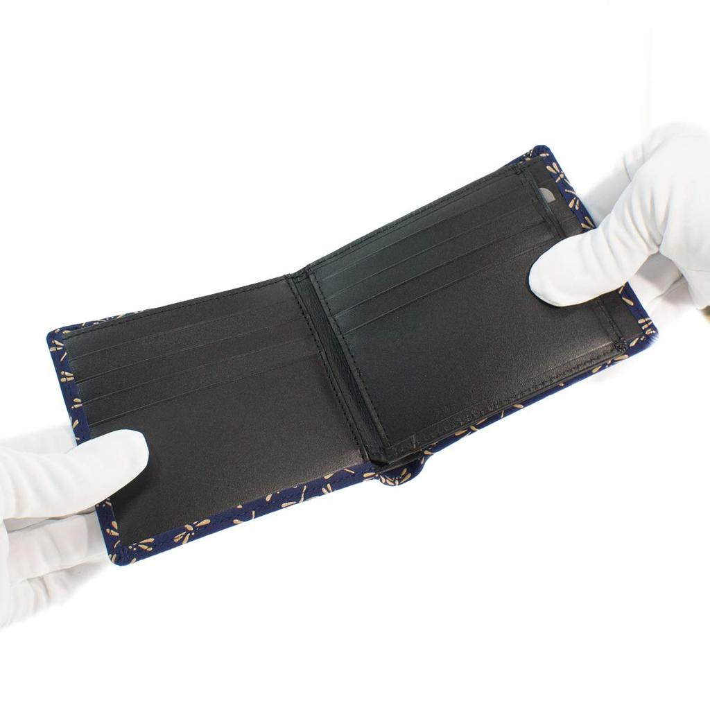 Inden Bifold Billfold No Coin Navy Blue X White Dragonfly Pattern [Indenya] Wallet, Wallet, F, Purse, Deerskin, Lacquer, 2009-14-008