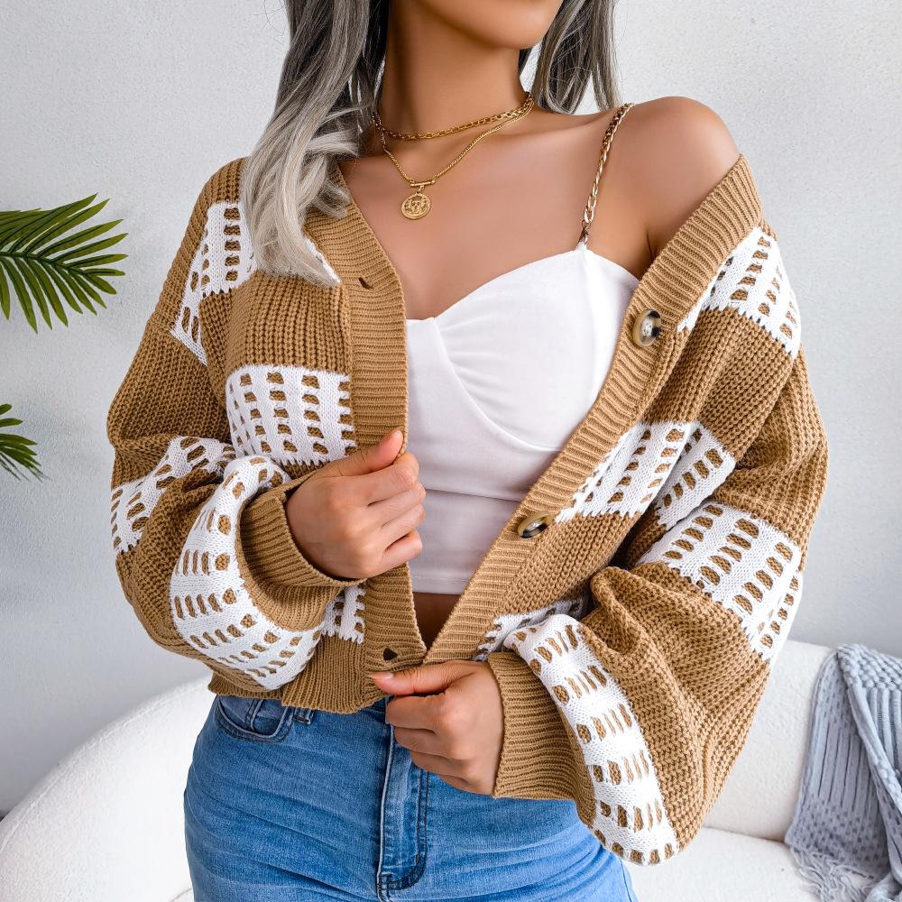 Женский осенне-зимний дизайн, контрастный кардиган с рукавами-фонариками, свитер