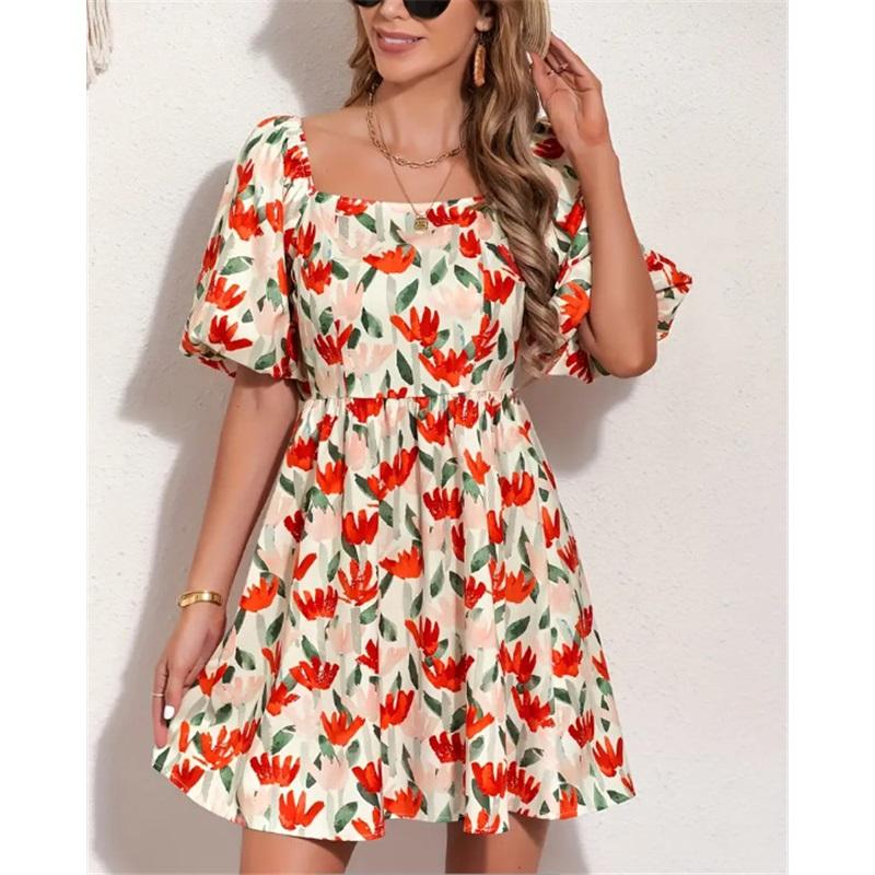 Women's Summer Dresses Lantern Short Sleeve Square Collar Flower Printed Short Dress